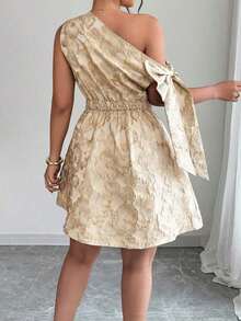 Vestido mini asimétrico de hombro con cintura recogida, decoración de lazo y tela jacquard, elegante para fiesta/cita, primavera/verano - Albaricoque - Ver 2