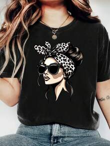 Women's Graphic Print T-Shirt, Round Neck, Short Sleeve, Black And Elegant - Lightweight Fabric Blend, Regular Fit, Casual Spring Summer Top With Chic Glasses Design, Modern - 白色 - 查看 1