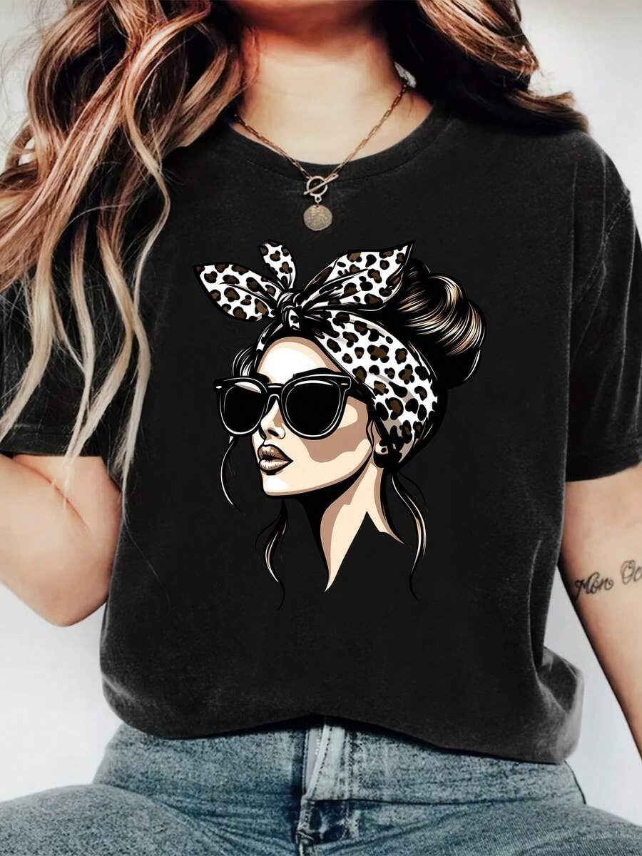 Women's Graphic Print T-Shirt, Round Neck, Short Sleeve, Black And Elegant - Lightweight Fabric Blend, Regular Fit, Casual Spring Summer Top With Chic Glasses Design, Modern - 白色 - 查看 1