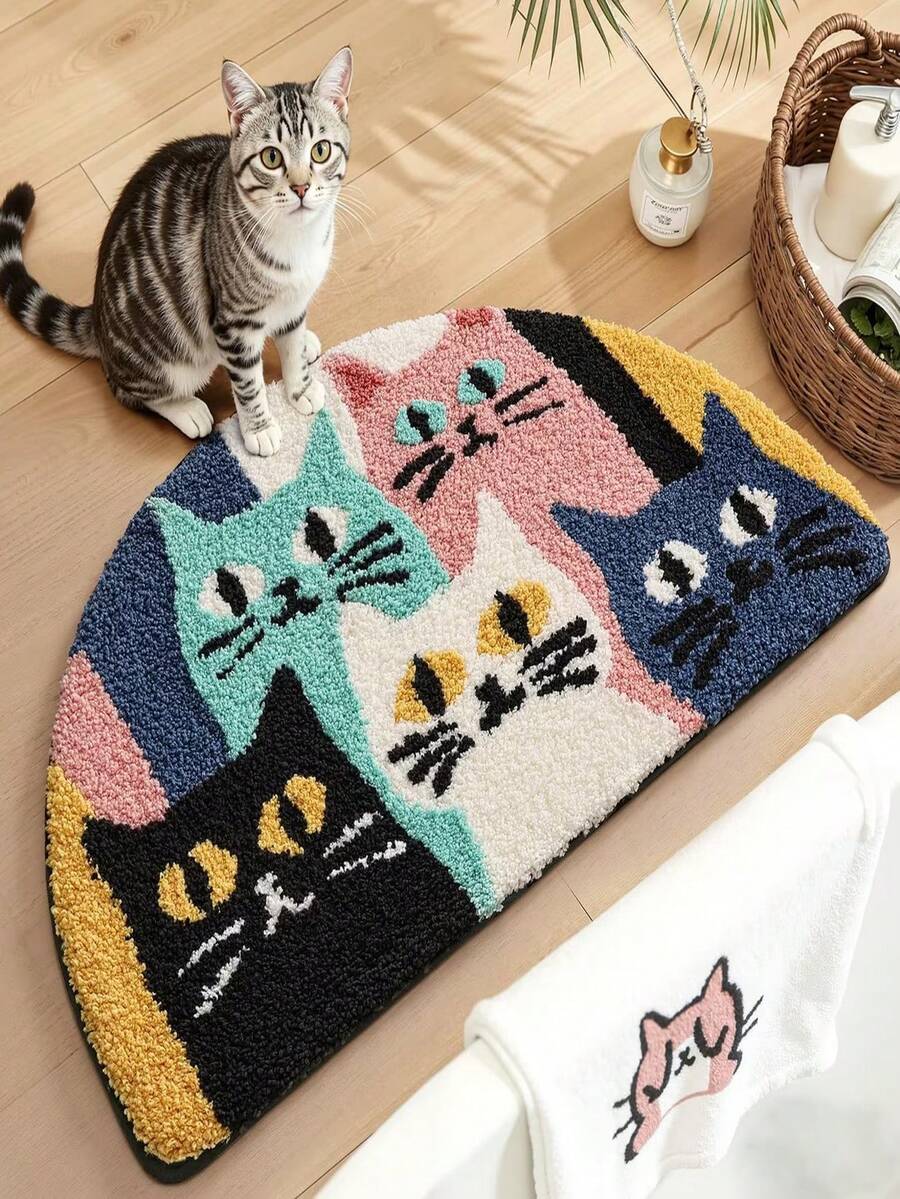 仿羊毛可爱猫咪半圆形浴室地毯,柔软吸水,适用于浴室、玄关、卧室 - A - 查看 1