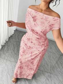 Vestido largo de fiesta elegante con hombros descubiertos, cintura ceñida y estampado floral favorecedora para tallas grandes - Rosa Pálido - Ver 6