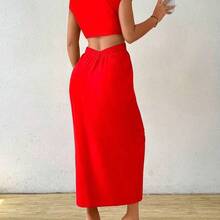 guangzhougaolangshangmao  Vestido largo sencillo y casual de unicolor con botones al frente y mangas cortas para mujer - Rosa Fucsia - Ver 3