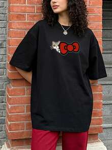 Women's round neck short sleeved T-shirt with kitten and red bow print, black casual top T-shirt, street style, suitable for home, office, outdoor activities, soft material that fits the skin, good breathability, 100% cotton - Negro - Ver 1