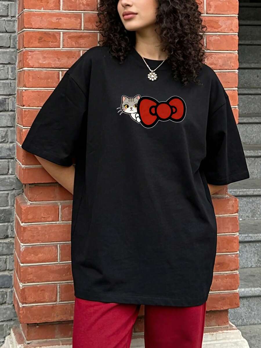 Women's round neck short sleeved T-shirt with kitten and red bow print, black casual top T-shirt, street style, suitable for home, office, outdoor activities, soft material that fits the skin, good breathability, 100% cotton - Negro - Ver 1