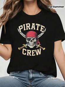 Camiseta de moda aventurera con estampado de calavera de tripulación pirata, manga corta y cuello redondo, top casual para verano y primavera, ropa de mujer - Negro - Ver 7