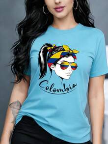 Camiseta casual de moda para mujer con tema de la bandera colombiana y estampado de retrato femenino, top cómodo 001# - Cielo azul - Ver 1