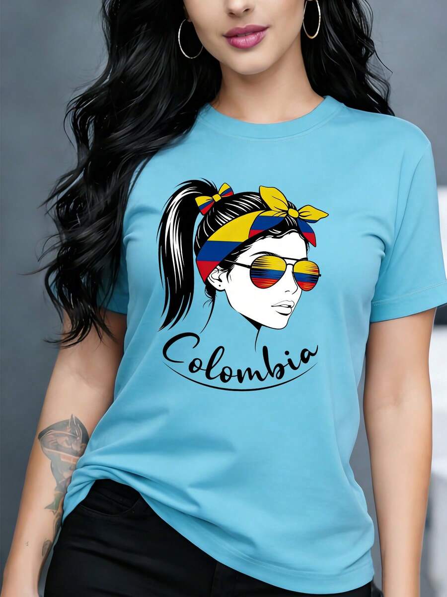 Camiseta casual de moda para mujer con tema de la bandera colombiana y estampado de retrato femenino, top cómodo 001# - Cielo azul - Ver 1