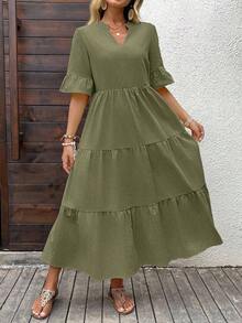 Vestido casual de unicolor con escote en pico para vacaciones de mujer - Verde - Ver 5