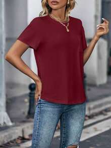 Camiseta de cuello redondo de manga corta de unicolor para mujer de moda - Burdeos - Ver 4