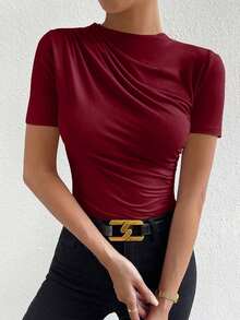 Body de camiseta ajustado unicolor fruncido - Burdeos - Ver 4