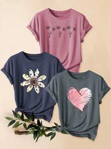 Three-Pack Women's Casual Sporty Style Vintage Fashion Round Neck Short Sleeve T-Shirt With Heart And Floral Print - 混合色 - 2 - 查看 15