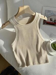 Camiseta de tirantes casual de cuello redondo color café oscuro, estilo deportivo de verano para mujer - Albaricoque - Ver 4