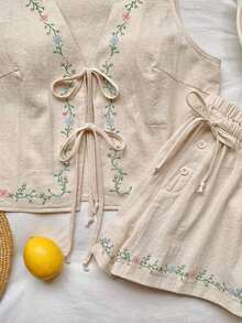 Conjunto casual de 2 piezas de top corto sin mangas con cordones delanteros y shorts para mujer en beige - Albaricoque 2 - Ver 9