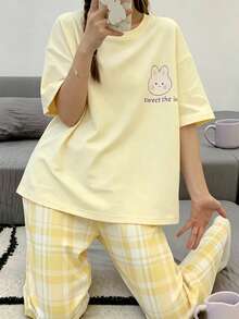 Teen GirlSummer Short Sleeve & Pants Set, Crew Neck Cartoon Rabbit Print Outfit - Yellow - View 6