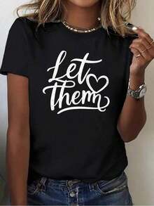 Camiseta de Mujer 100% Algodón con Estampado de Corazón, Corte Cómodo, Cuello Redondo, Manga Corta, Estilo Casual de Verano, Camisetas Gráficas Transpirables y Cómodas para Mujer - Negro - Ver 1