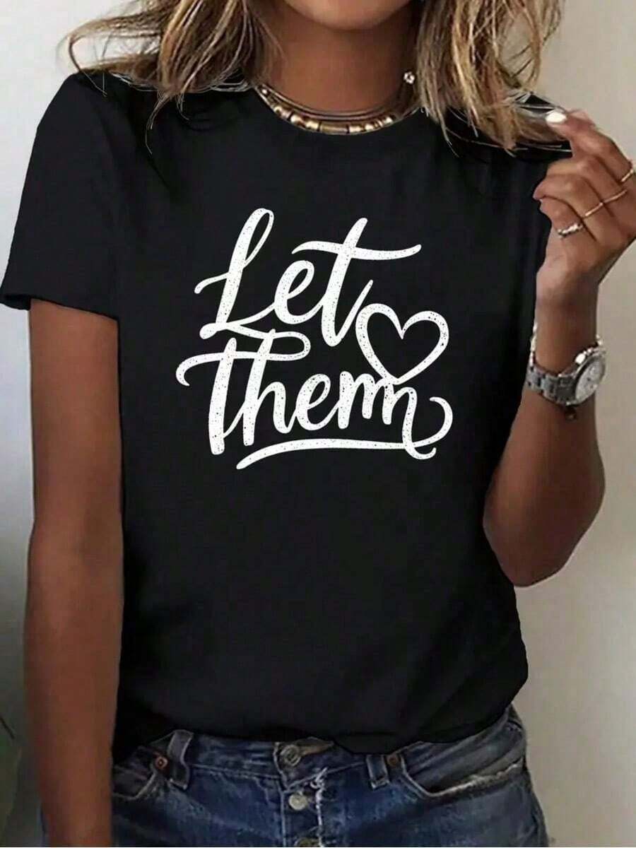Camiseta de Mujer 100% Algodón con Estampado de Corazón, Corte Cómodo, Cuello Redondo, Manga Corta, Estilo Casual de Verano, Camisetas Gráficas Transpirables y Cómodas para Mujer - Negro - Ver 1