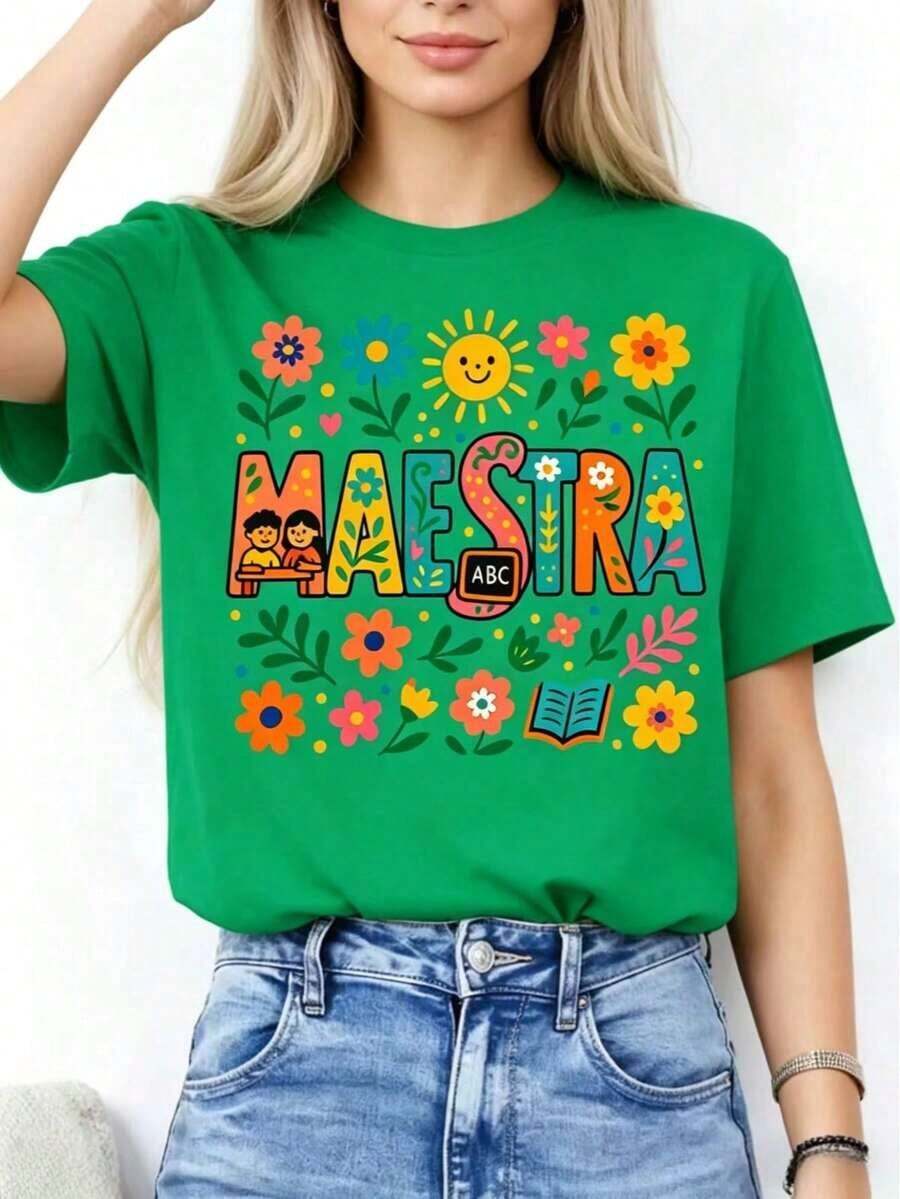 | 1 Women's 100% Breathable Cotton T-Shirt | Vibrant Graphic "Teacher" T-Shirt For Women - Colorful Floral And Sun Design, Casual Short Sleeve Crew Neck Top For Spring/Summer, Light Purple With Blue Lettering, Perfect For Teachers Or Educators, Casual Wear | Playful Design | Medium Stretch Fabric - Ideal For Summer - 綠色的 - 查看 1