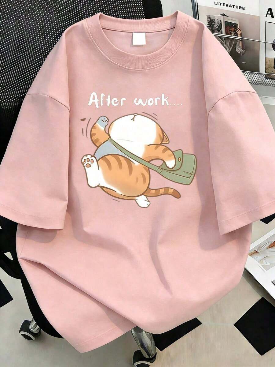 Plus Size Women's Casual Cat Print T-Shirt, Suitable For Everyday Wear, Outings, Vacations, Summer, Beach Parties, Music Festivals, Holidays And Other Events. Color: Black - 羅莎 - 查看 1