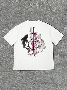 Camiseta gráfica de samurai japonés con pez koi y sakura, de poliéster 100% ligero, oversize, estilo callejero Harajuku, con estampado en la espalda, casual de verano - Blanco - Ver 4