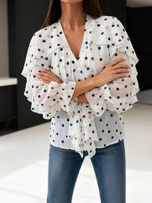 Buzzelle Elestia Women's Elegant Romantic V-Neck Lantern Sleeve Ruffle Polka Dot Chiffon Blouse, Casual Semi-Sheer Boho Vacation Outing Top, Spring Summer Fall - Black and White - View 10