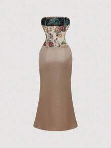 MOD Women's Floral Patchwork Jacquard Pleated Mermaid Hem Elegant Strapless Midi Dress. Floral Jacquard Satin Maxi Dress, Strapless, Beige Brown, Vintage Banquet Gown, Elegant Evening Dress, Wedding Guest Dress, Floral Embroidered Bodice, Formal Party, Anniversary, Prom, Cocktail, Fitted Silhouette, Mermaid Style, Chic, Fashionable, Classy, Textured Fabric, Special Occasion, Bridesmaid Dress, Romantic, Statement Dress, Reception, Ceremony, Luxury, Glamorous, Modern, Floor Length, Garden Party, Spring - Nhiều màu - Xem 3