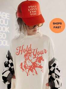 Camiseta Artsadd "Hold Your Horses", Camiseta Divertida de Caballo, Camiseta de Vaquera, Camisetas de Estilo Western para Mujer, Camiseta Gráfica Oversize, Camiseta de Meme, Transpirable y cómoda. - 1-blanco - Ver 1