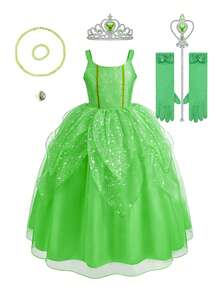 Set de 8 piezas de vestido de tutú sin mangas verde para niñas, conjunto de accesorios de disfraz para niños para fiestas, Halloween, Navidad - Verde - Ver 14