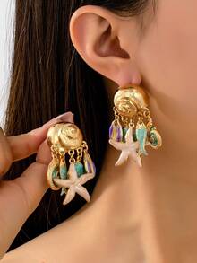 1 par de pendientes con colgante de concha y estrella de mar, adecuados para fiestas, reuniones, uso diario, vacaciones en la playa, regalo versátil para mujeres - Amarillo Oro - Ver 6