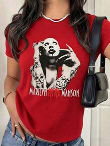 Gothic Grunge T-Shirt With Marilyn Manson Merchandise, Black Short-Sleeved T-Shirt With Vintage Rock Aesthetic And E-GirlPure-Cotton T-Shirt - 紅色 - 查看 7