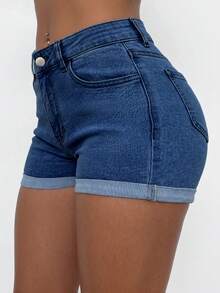 Quần short denim màu xanh hải quân cổ điển với thiết kế ống đứng, độ co giãn vừa phải ôm sát cơ thể, cài nút, mang đến phong cách thường ngày giản dị và thời trang. - Rửa tối - Xem 5