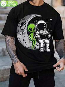 Camiseta gráfica de luna con astronauta y alienígena para hombre, 100% algodón suave, ajuste holgado, manga corta, negro con diseño verde y blanco, ideal para fines de semana, deportes o ropa casual, camiseta de uso diario Camiseta de ajuste holgado Tejido de algodón - Negro - Ver 8