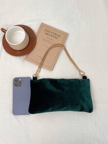 1pc Green Velvet Minimalist Solid Color Baguette Shoulder Bag For Women, Summer New Arrival - Green - View 4