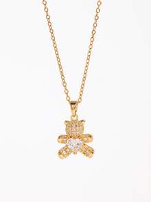 1pc Cute Bear Pendant Necklace, Stainless Steel Chain, Copper Cubic Zirconia Charm, Kawaii Daily Wear Jewelry, Gift For Friends - Multicolor - View 7