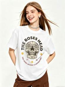 Camiseta de manga corta con cuello redondo suave y casual para mujer de verano| LA CABEZA DE LAS ROSAS, LA ILUSTRACIÓN DIBUJADA A MANO, Rosa, Muerte y Romance, 1988|Tops para salir, Estilo callejero europeo y americano, Casual deportivo, Estilo unisex, Estilo casual urbano, Tops bonitos, Generación Z, Curvas, Ropa Y2K, Camisetas divertidas, Tops de mujer, Conjuntos de vacaciones para mujer, Top lindo, Camiseta gráfica, Conjuntos de primavera, Camisetas holgadas, Ropa urbana retro, Estilo de los 90, Estilo de los 2000, Subcultura, Top negro, Tops blancos, Conjunto de fiesta de los 90. - Blanco - Ver 1