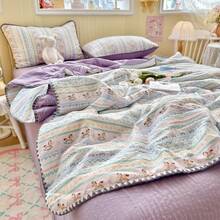 1pc Lace Trim Thin Quilt, Summer Quilt, Air Conditioning Quilt, Quilted Blanket, Cute Pastoral Style, Soft & Comfortable Lace Design, Bedding, Suitable For Dorm, Bedroom, Apartment, Applicable For Spring & Summer, Pillow Case Not Included - Mauve Purple - View 10