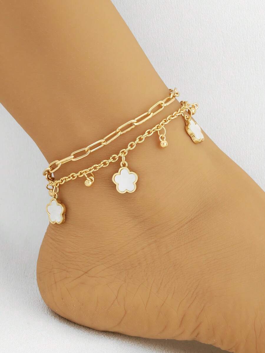 Vintage Chic Versatile Casual Creative Multi-Layer Hong Kong Style Geometric Five-Leaf Flower Tassel Anklet - White - View 1