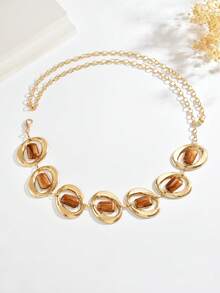 1pc Vintage Fashionable Personalized Metal Hollow Circle Faux Gemstone Inlaid Waist Chain, Bohemian Versatile Waist Belt/Skirt Chain/Pants Chain, Suitable For Women's Daily And Party Wear - Brown - View 4