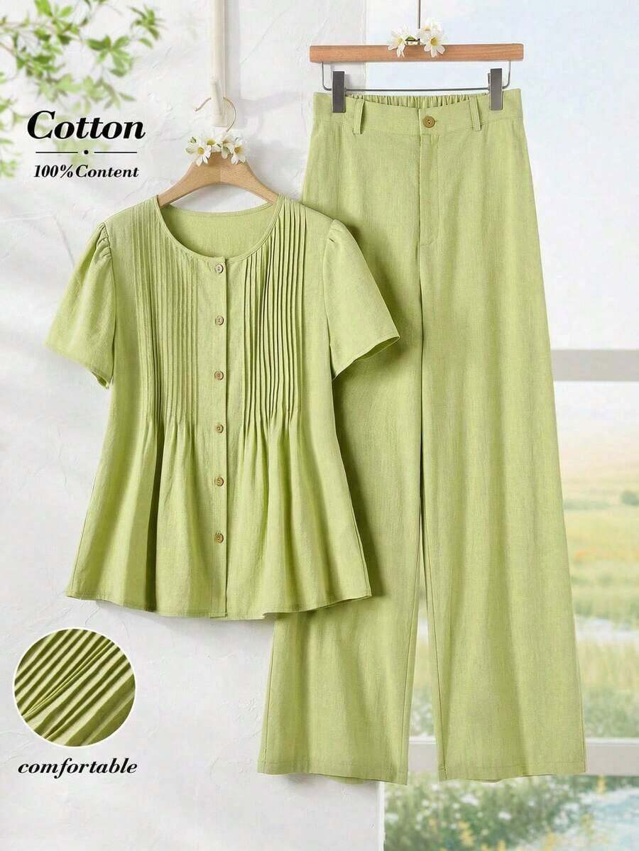 Conjunto informal de top de manga corta de cuello redondo y pantalones a rayas - Verde - Ver 1