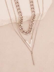 1 pieza Collar multicapa, cadena cubana gruesa con colgantes en forma de V y barra, joyería punk de hip-hop para mujer - Estilo 1 - Ver 3