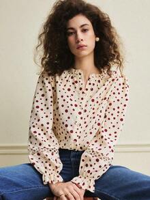 Blusa asimétrica de mujer con parches de lunares, camisa casual para primavera/otoño, adecuada para comer, fiestas y uso diario - Albaricoque - Ver 4