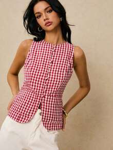 Camisa a cuadros rojos y blancos, blusa minimalista de diario con bolsillo a la cintura y sin mangas, adecuada para uso diario, salir, ir al trabajo, citas, vacaciones y otras ocasiones - Rojo y blanco - Ver 4