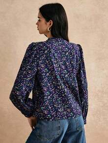 Blusa de manga larga con cuello con muescas y estampado floral diminuto - Morado - Ver 5