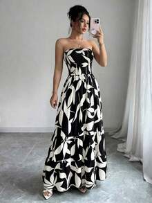Women's Strapless Bohemian Style Dress With Leaf Print, Flowy Dress With Pleated Ruffles At The Hem, Casual Beach Dress, Party And Vacation Dress, Elegant Bohemian Dress - 黑色 - 查看 5