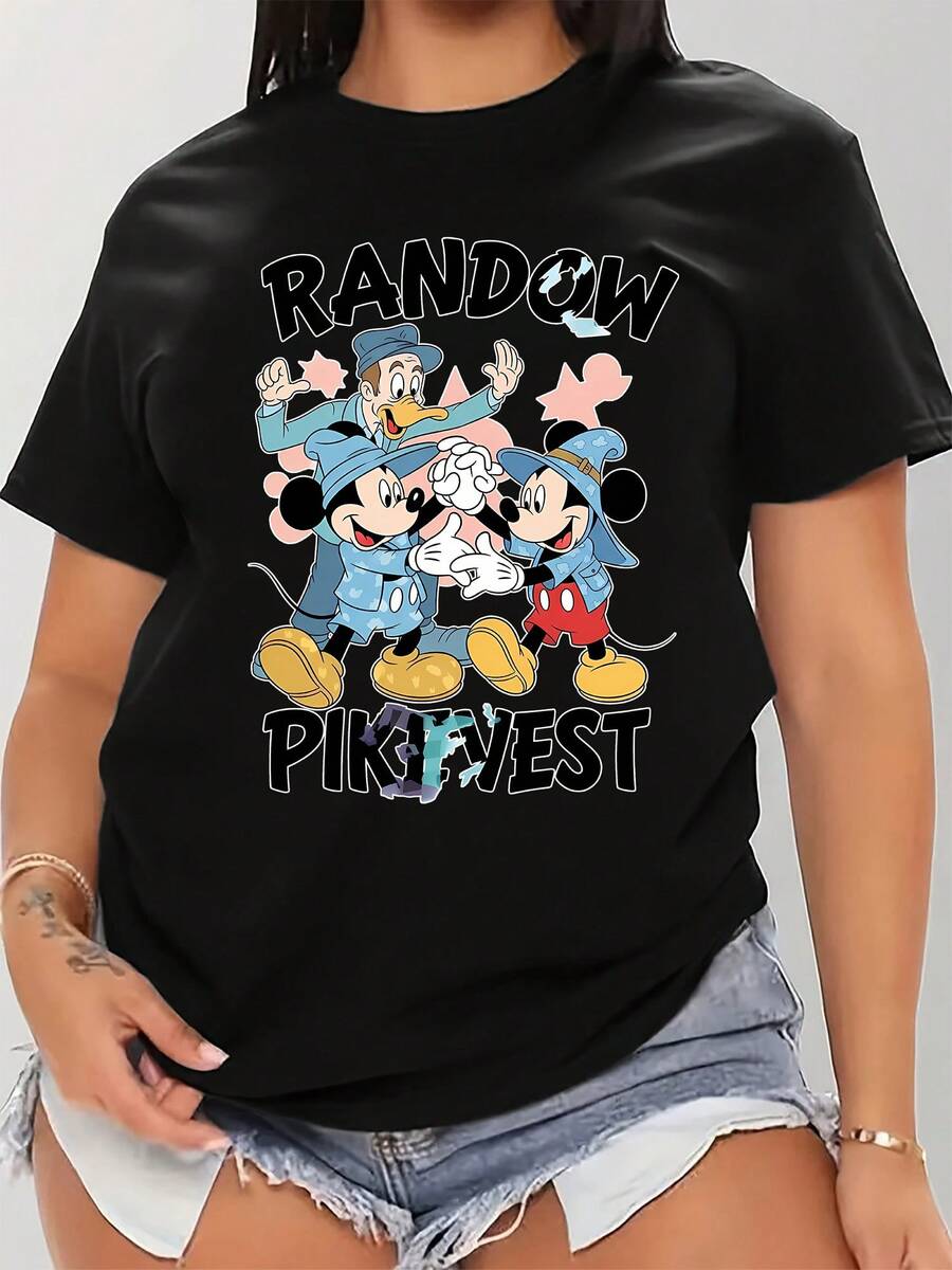 Disney Fun Cartoon Mickey Mouse And Donald Duck Print Women's T-Shirt, Couple And Best Friend Style Summer Casual Crew Neck Short Sleeve Top, Youthful College Style Cartoon Sweatshirt, Outdoor Daily Casual Wear For Women - màu đen - Xem 1