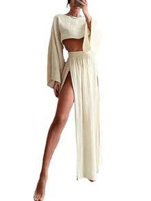 Conjunto Casual de Dos Piezas de Lino y Algodón para Mujer, Top Corto de Lino Mezclado y Pantalón de Cintura Alta con Abertura, Novedad Verano 2026 - Albaricoque - Ver 2