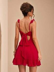 Vestido mini rojo con espalda descubierta, tirantes con lazo y dobladillo con volantes, vestido de verano ligero y ajustado, adecuado para invitada de boda, fiesta, cóctel, vacaciones en la playa, cumpleaños, graduación, elegante y sexy, para mú - Rojo - Ver 2