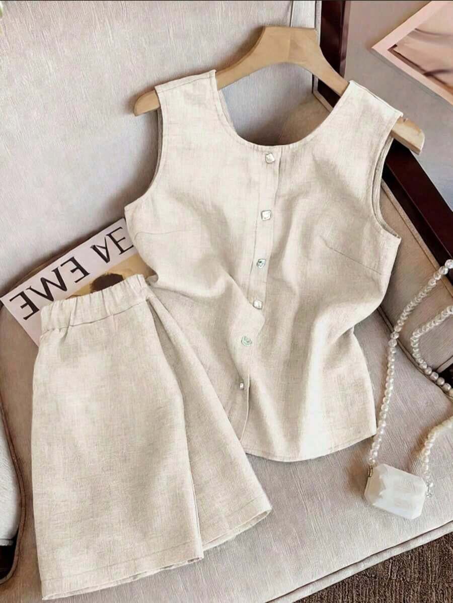 Conjunto de 2 piezas de chaleco sin mangas de cuello redondo y shorts para mujer - Albaricoque - Ver 1