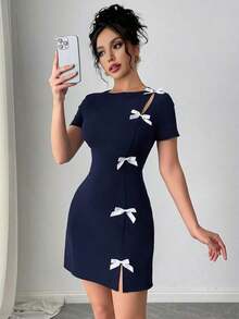 Vestido mini ajustado con decoración de lazo, de manga corta, elegante, romántico y de estilo para oficina y fiesta para mujeres - Azul marino - Ver 2
