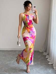1 pieza Vestido ajustado con estampado floral y cintura ceñida en el hombro oblicuo - Rosa - Ver 6