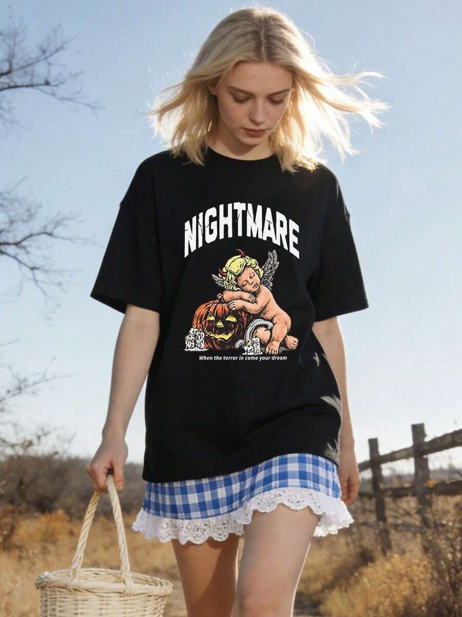 Camiseta de manga corta con cuello redondo suave y casual para mujer de verano |   Pesadilla, Cuando El Terror Llega A Tu Sueño, Subcultura Dulce Y Genial | Tops para salir, Estilo callejero europeo y americano, Casual deportivo, Estilo unisex, Estilo casual urbano, Tops bonitos, Generación Z, Curvas, Ropa Y2K, Camisetas divertidas, Tops de mujer, Conjuntos de vacaciones para mujer, Top lindo, Camiseta gráfica, Conjuntos de primavera, Camisetas holgadas, Ropa urbana retro, Estilo de los 90, Estilo de los 2000, Subcultura, Top negro, Tops blancos, Conjunto de fiesta de los 90. - Negro - Ver 1